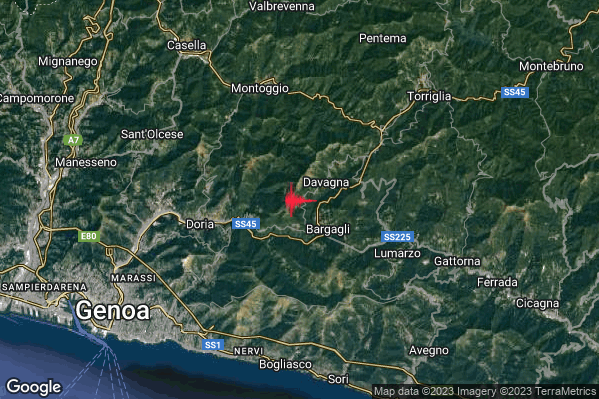 Debole Terremoto M2.3 epicentro 1 km W Davagna (GE) alle 11:32:03 (09:32:03 UTC)