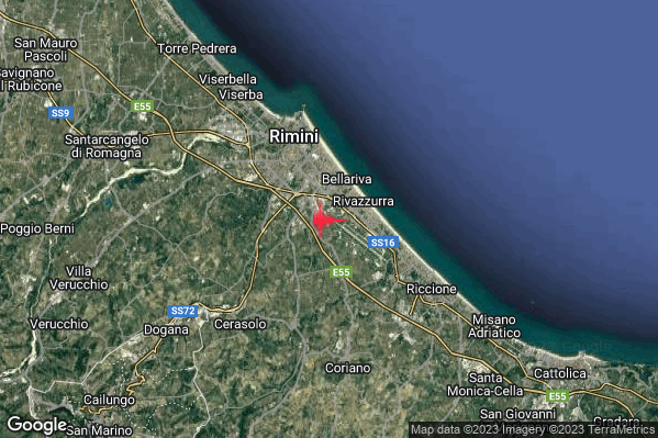 Lieve Terremoto M2.1 epicentro 4 km SE Rimini (RN) alle 07:11:29 (05:11:29 UTC)