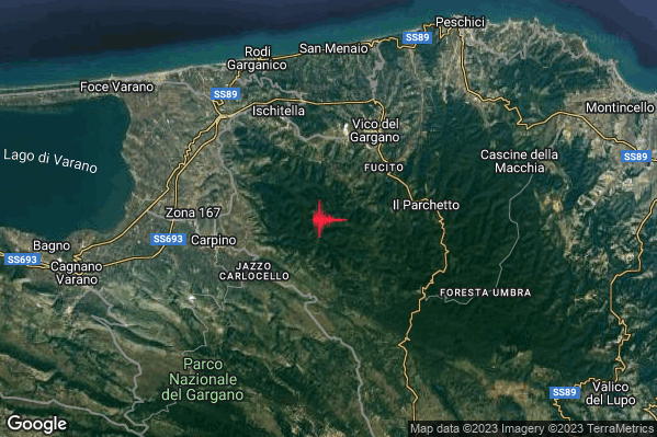 Debole Terremoto M2.7 epicentro 5 km SW Vico del Gargano (FG) alle 15:07:58 (13:07:58 UTC)