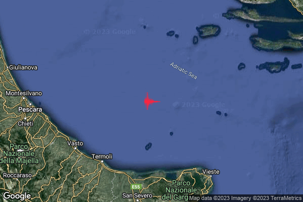 Debole Terremoto M2.5 epicentro Adriatico Centrale (MARE) alle 06:59:38 (04:59:38 UTC)