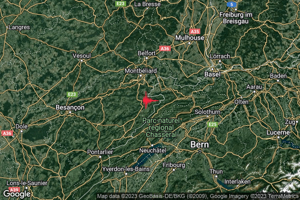 Moderato Terremoto M3.5 epicentro Confine Svizzera-Francia (SVIZZERA FRANCIA) alle 21:16:32 (19:16:32 UTC)