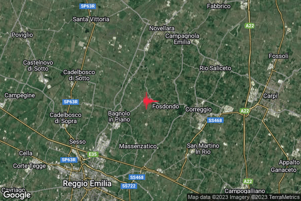 Debole Terremoto M2.3 epicentro 4 km E Bagnolo in Piano (RE) alle 05:13:23 (03:13:23 UTC)
