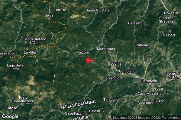 Debole Terremoto M2.4 epicentro 5 km W Bedonia (PR) alle 06:04:10 (04:04:10 UTC)