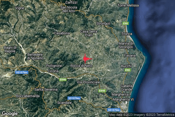 Debole Terremoto M2.3 epicentro 2 km NE Rocca di Neto (KR) alle 07:07:32 (05:07:32 UTC)