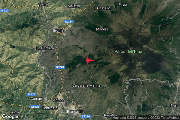 Debole Terremoto M2.3 epicentro 9 km SE Bronte (CT) alle 18:24:57 (16:24:57 UTC)