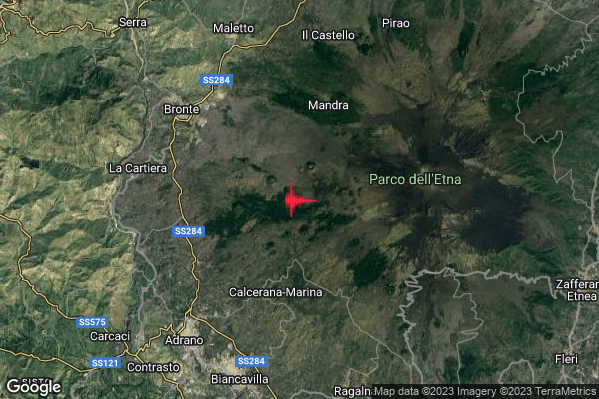Debole Terremoto M2.3 epicentro 9 km SE Bronte (CT) alle 19:37:15 (17:37:15 UTC)