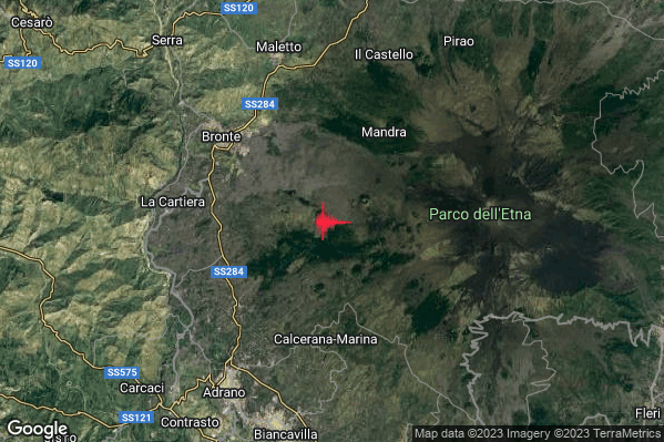 Debole Terremoto M2.3 epicentro 7 km SE Bronte (CT) alle 21:23:46 (19:23:46 UTC)
