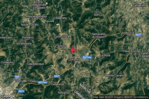 Debole Terremoto M2.3 epicentro 6 km SW Serravalle di Chienti (MC) alle 07:08:05 (05:08:05 UTC)