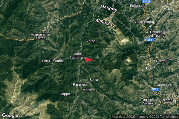 Debole Terremoto M2.4 epicentro 2 km E Valle Castellana (TE) alle 00:49:03 (22:49:03 UTC)