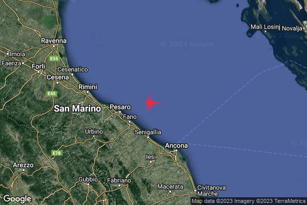 Debole Terremoto M2.3 epicentro Costa Marchigiana Pesarese (Pesaro-Urbino) alle 21:51:23 (19:51:23 UTC)
