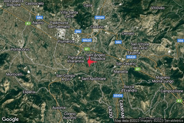Lieve Terremoto M2.1 epicentro 3 km E Pignataro Interamna (FR) alle 12:32:20 (10:32:20 UTC)