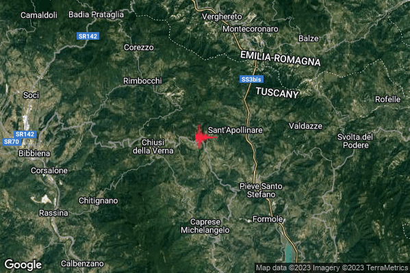 Debole Terremoto M2.3 epicentro 4 km E Chiusi della Verna (AR) alle 04:17:24 (02:17:24 UTC)