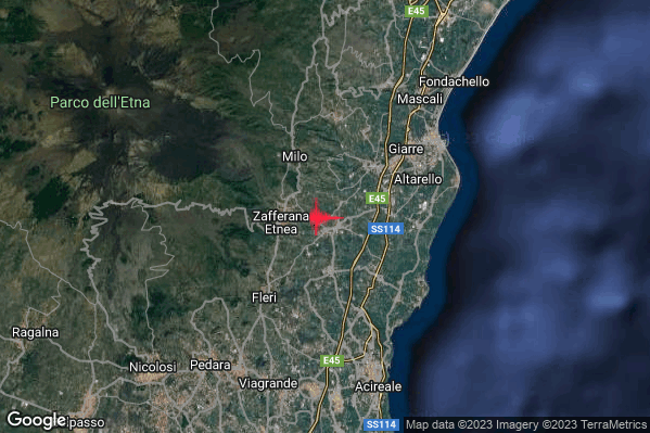 Debole Terremoto M2.5 epicentro 1 km NW Santa Venerina (CT) alle 06:33:28 (04:33:28 UTC)