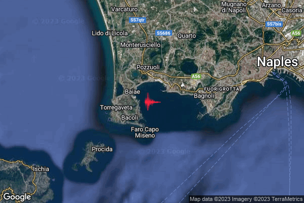 Debole Terremoto M2.3 epicentro Campi Flegrei alle 14:59:23 (12:59:23 UTC)