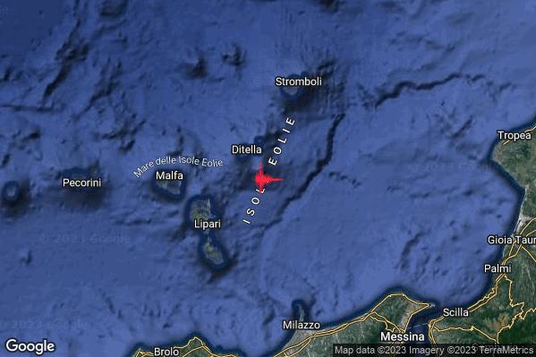 Debole Terremoto M2.7 epicentro Isole Eolie (Messina) alle 21:21:59 (19:21:59 UTC)