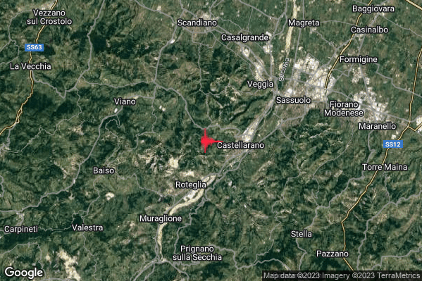 Debole Terremoto M2.4 epicentro 2 km W Castellarano (RE) alle 02:32:05 (00:32:05 UTC)