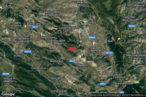 Leggero Terremoto M2.8 epicentro 3 km NE Caporciano (AQ) alle 07:27:56 (05:27:56 UTC)