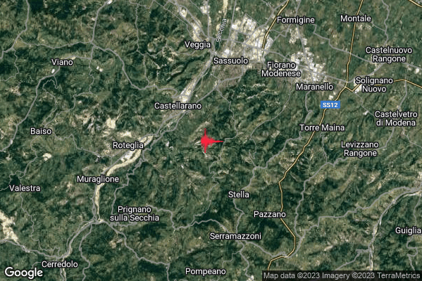 Debole Terremoto M2.4 epicentro 4 km SE Castellarano (RE) alle 09:27:13 (07:27:13 UTC)