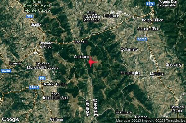 Debole Terremoto M2.3 epicentro 7 km W Esanatoglia (MC) alle 22:35:37 (20:35:37 UTC)