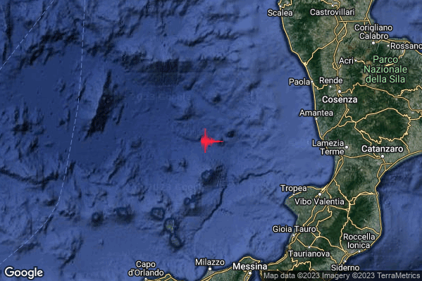 Debole Terremoto M2.5 epicentro Tirreno Meridionale (MARE) alle 01:33:32 (23:33:32 UTC)