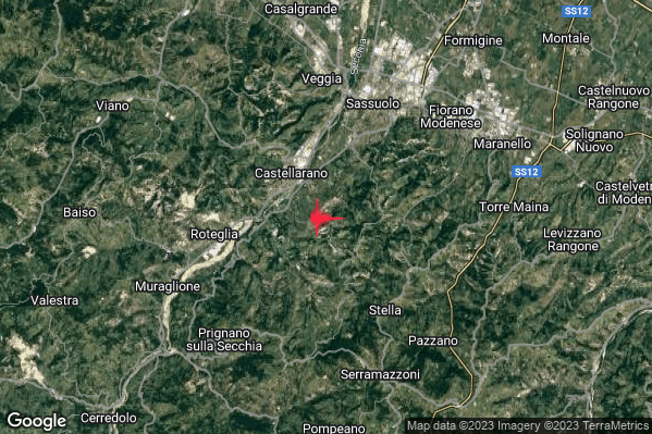 Lieve Terremoto M2.1 epicentro 3 km SE Castellarano (RE) alle 13:55:57 (11:55:57 UTC)