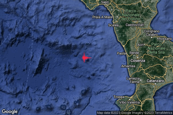 Moderato Terremoto M3.6 epicentro Tirreno Meridionale (MARE) alle 18:50:45 (16:50:45 UTC)