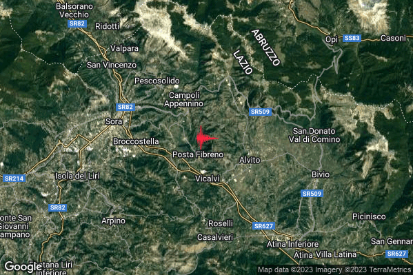 Leggero Terremoto M3.2 epicentro 2 km NE Posta Fibreno (FR) alle 12:27:42 (10:27:42 UTC)