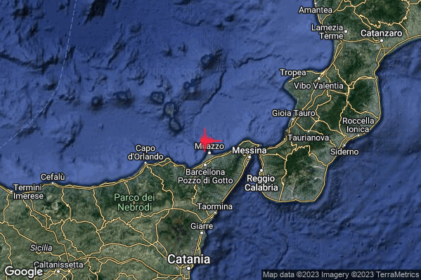 Lieve Terremoto M2.2 epicentro Costa Siciliana nord-orientale (Messina) alle 01:10:09 (23:10:09 UTC)