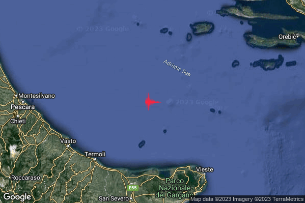 Debole Terremoto M2.5 epicentro Adriatico Centrale (MARE) alle 16:15:31 (14:15:31 UTC)
