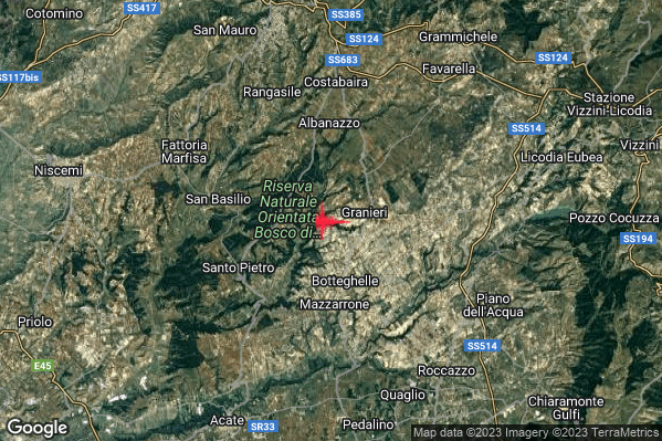 Lieve Terremoto M2.1 epicentro 4 km N Mazzarrone (CT) alle 02:52:03 (00:52:03 UTC)
