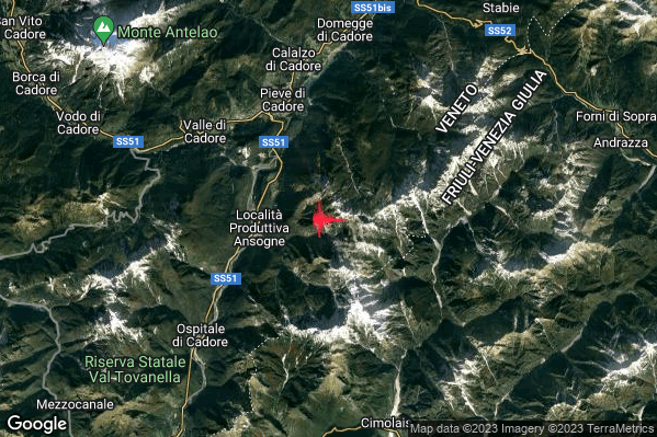 Lieve Terremoto M2.1 epicentro 4 km SE Perarolo di Cadore (BL) alle 02:22:59 (00:22:59 UTC)