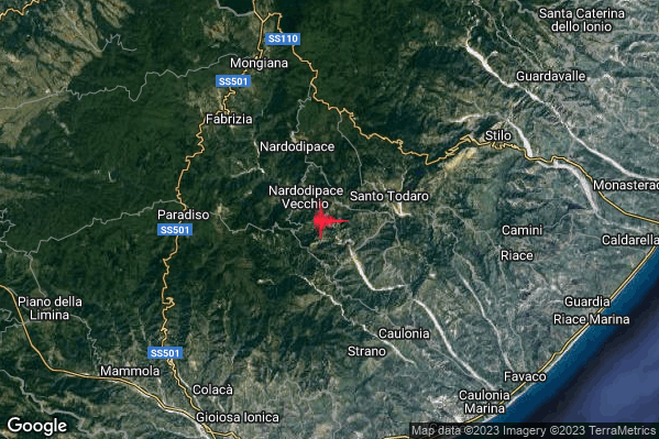 Debole Terremoto M2.5 epicentro 5 km SE Nardodipace (VV) alle 05:56:27 (03:56:27 UTC)