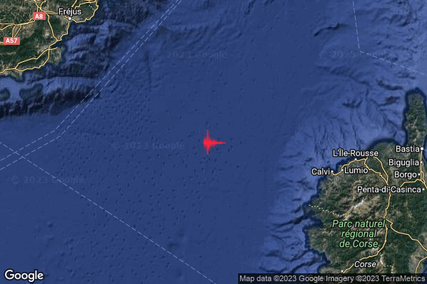 Debole Terremoto M2.4 epicentro Mare di Corsica (MARE) alle 13:54:23 (11:54:23 UTC)