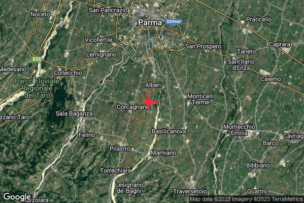 Leggero Terremoto M3.2 epicentro 8 km E Felino (PR) alle 01:36:43 (23:36:43 UTC)