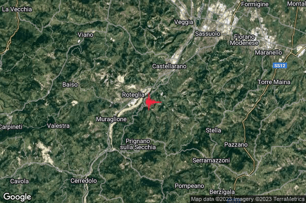 Debole Terremoto M2.4 epicentro 4 km SW Castellarano (RE) alle 11:37:28 (09:37:28 UTC)