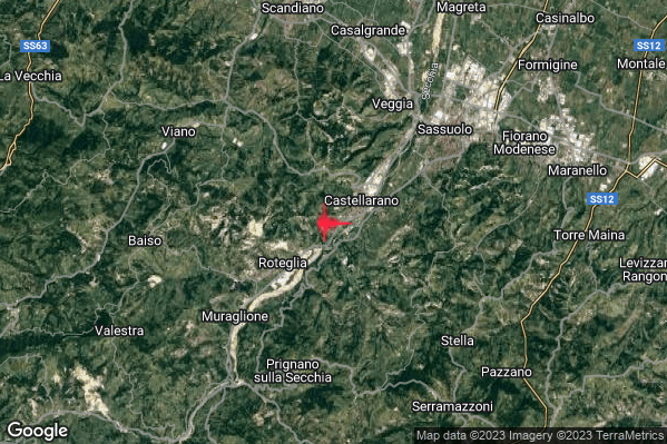 Debole Terremoto M2.6 epicentro 1 km SW Castellarano (RE) alle 17:26:54 (15:26:54 UTC)