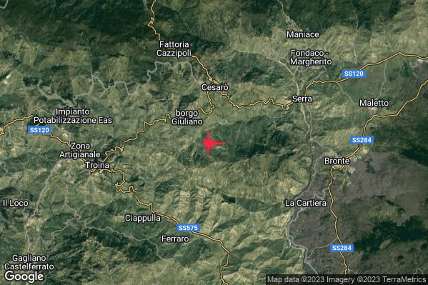 Lieve Terremoto M2.1 epicentro 5 km S Cesaro (ME) alle 10:02:59 (08:02:59 UTC)