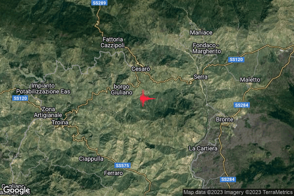 Debole Terremoto M2.3 epicentro 4 km S Cesaro (ME) alle 11:18:32 (09:18:32 UTC)