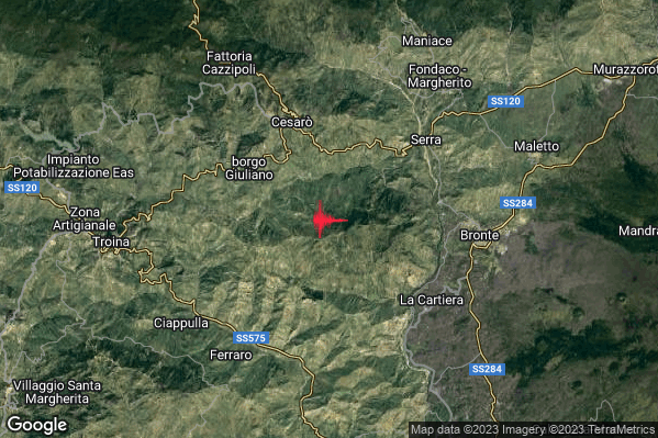 Lieve Terremoto M2.1 epicentro 6 km SE Cesaro (ME) alle 12:03:39 (10:03:39 UTC)