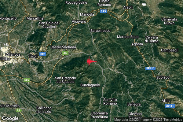 Debole Terremoto M2.5 epicentro 1 km SW Ciciliano (RM) alle 14:08:03 (12:08:03 UTC)
