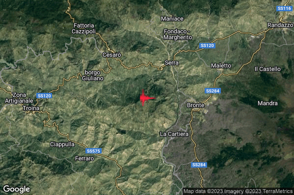 Lieve Terremoto M2.1 epicentro 6 km W Bronte (CT) alle 17:18:44 (15:18:44 UTC)