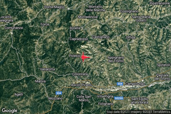 Leggero Terremoto M2.9 epicentro 5 km SW Castignano (AP) alle 21:14:15 (19:14:15 UTC)