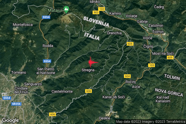 Lieve Terremoto M2.1 epicentro 1 km NE Stregna (UD) alle 23:33:32 (21:33:32 UTC)