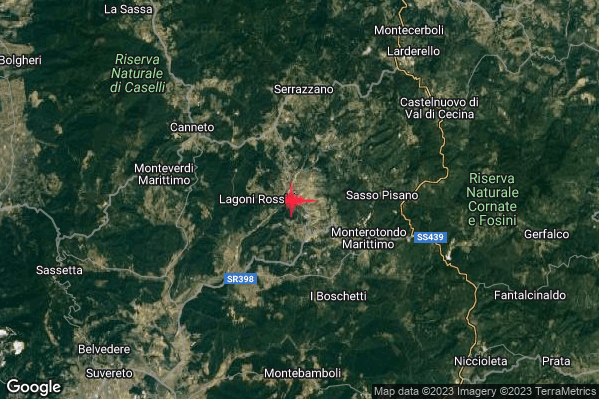 Debole Terremoto M2.3 epicentro 4 km W Monterotondo Marittimo (GR) alle 04:52:42 (02:52:42 UTC)