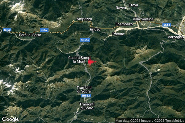 Lieve Terremoto M2.0 epicentro 5 km NE Tramonti di Sopra (PN) alle 23:01:07 (21:01:07 UTC)