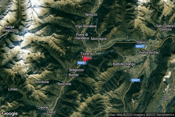Debole Terremoto M2.4 epicentro 1 km S Tione di Trento (TN) alle 16:20:17 (14:20:17 UTC)