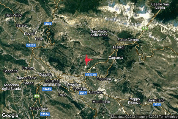 Debole Terremoto M2.4 epicentro 5 km NE L'Aquila (AQ) alle 19:26:45 (17:26:45 UTC)