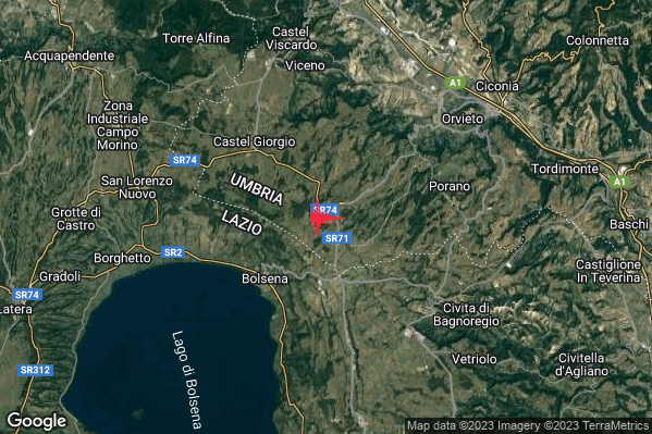 Lieve Terremoto M2.1 epicentro 4 km NE Bolsena (VT) alle 23:26:23 (21:26:23 UTC)