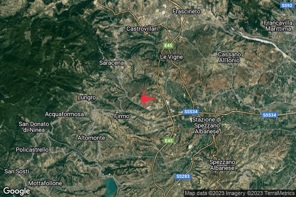 Debole Terremoto M2.3 epicentro 3 km NE Firmo (CS) alle 05:24:47 (03:24:47 UTC)