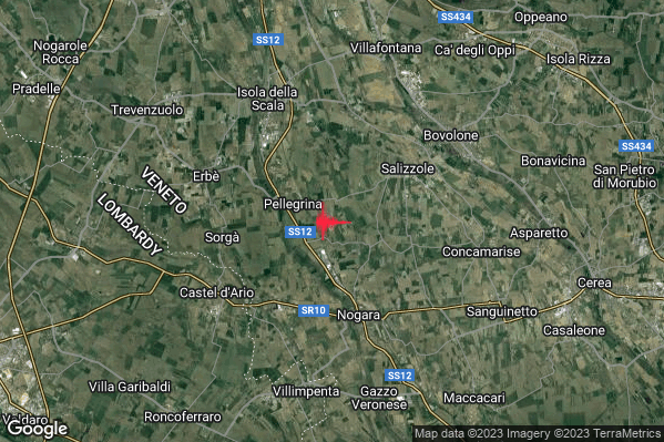 Lieve Terremoto M2.2 epicentro 4 km SW Salizzole (VR) alle 14:06:37 (12:06:37 UTC)